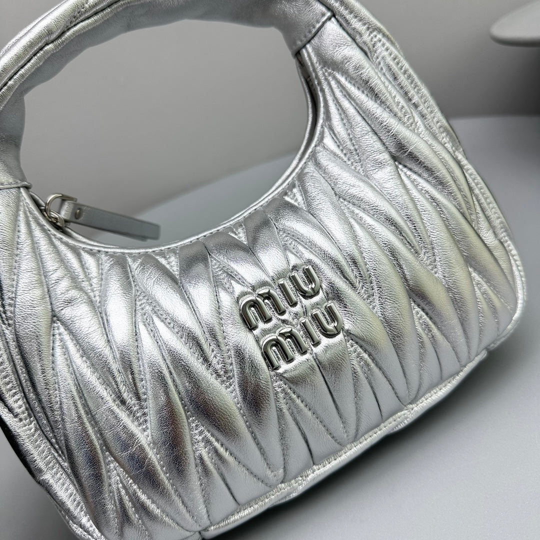 MIU MIU MINI HOBO 20 BAG IN SILVER SHEEPSKIN