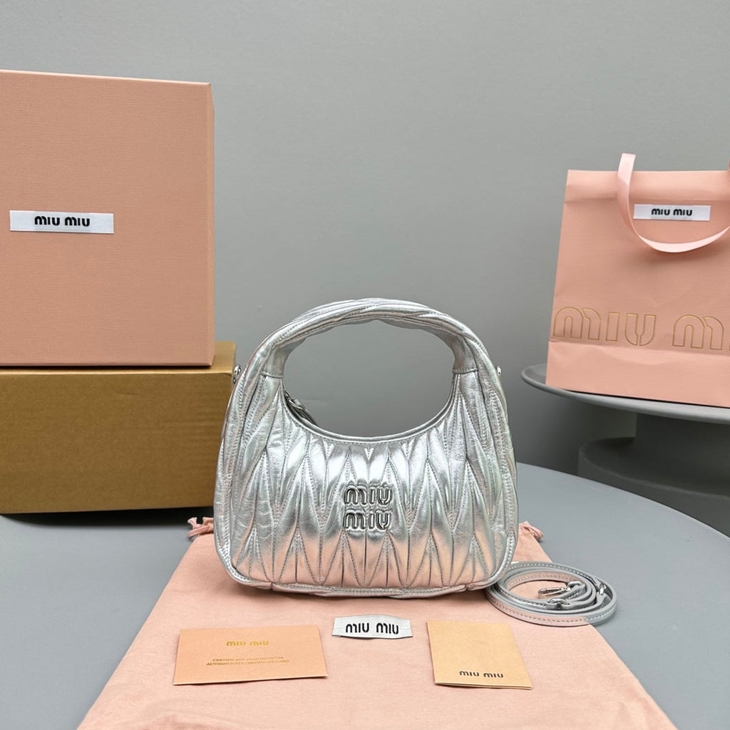 MIU MIU MINI HOBO 20 BAG IN SILVER SHEEPSKIN