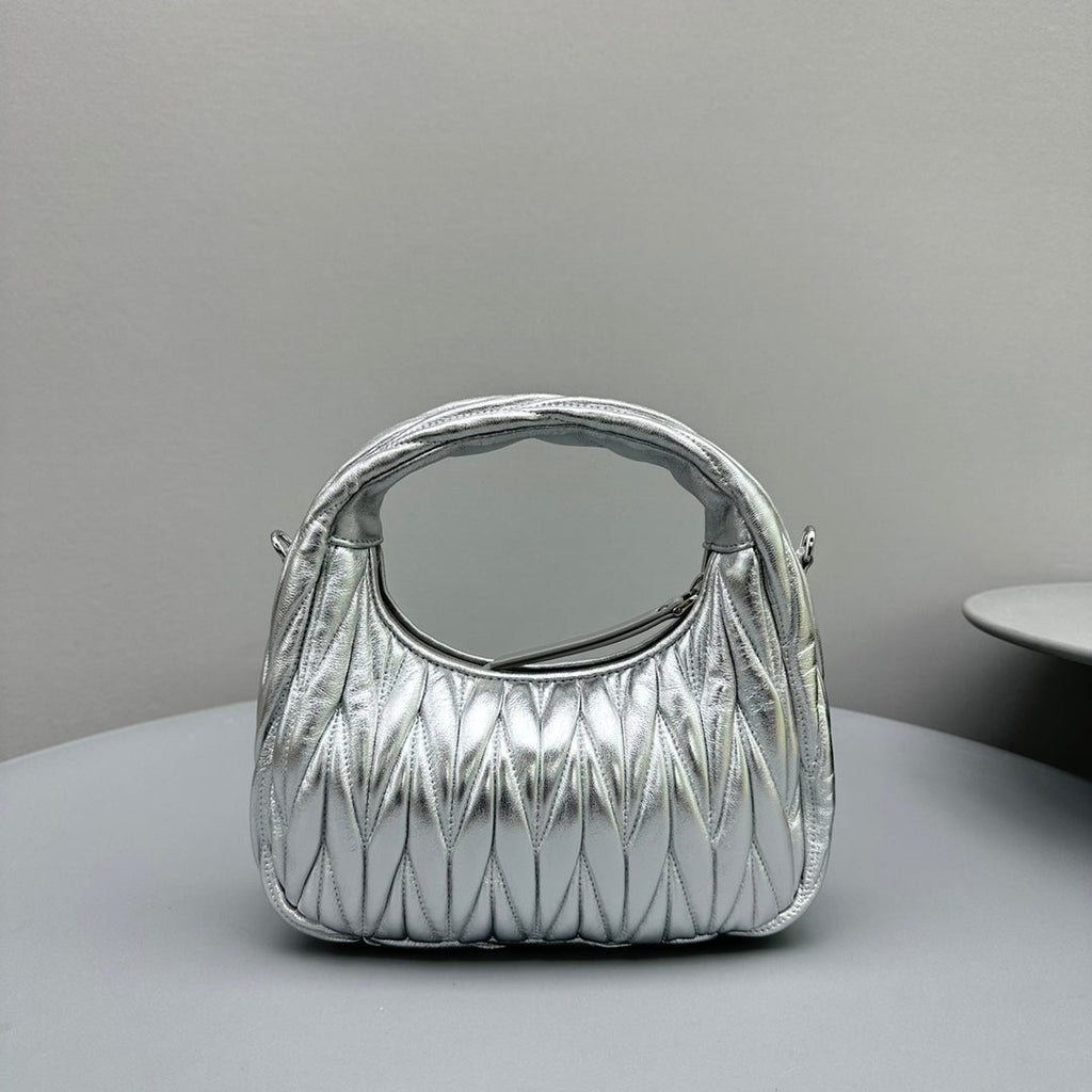 MIU MIU MINI HOBO 20 BAG IN SILVER SHEEPSKIN
