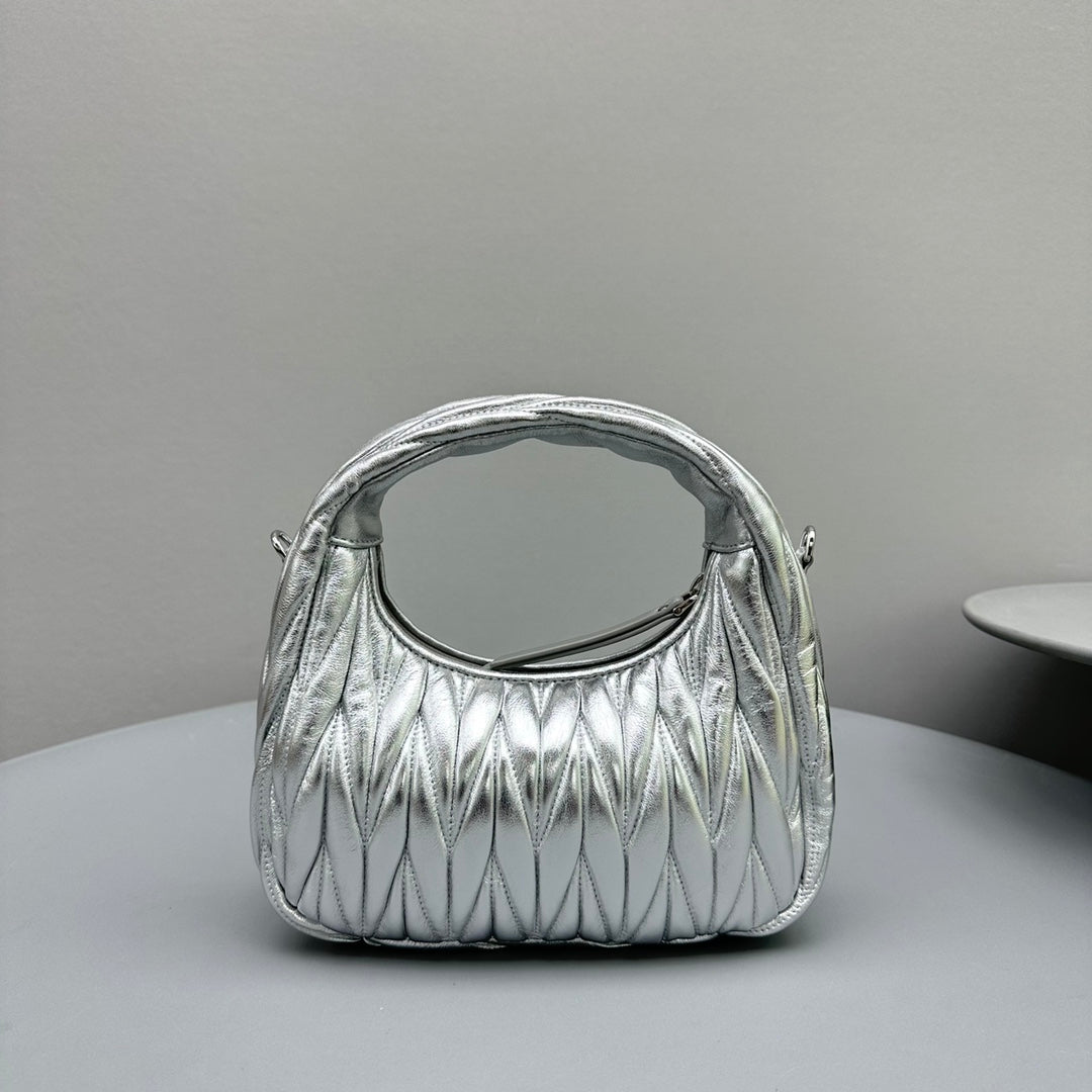 MIU MIU MINI HOBO 20 BAG IN SILVER SHEEPSKIN