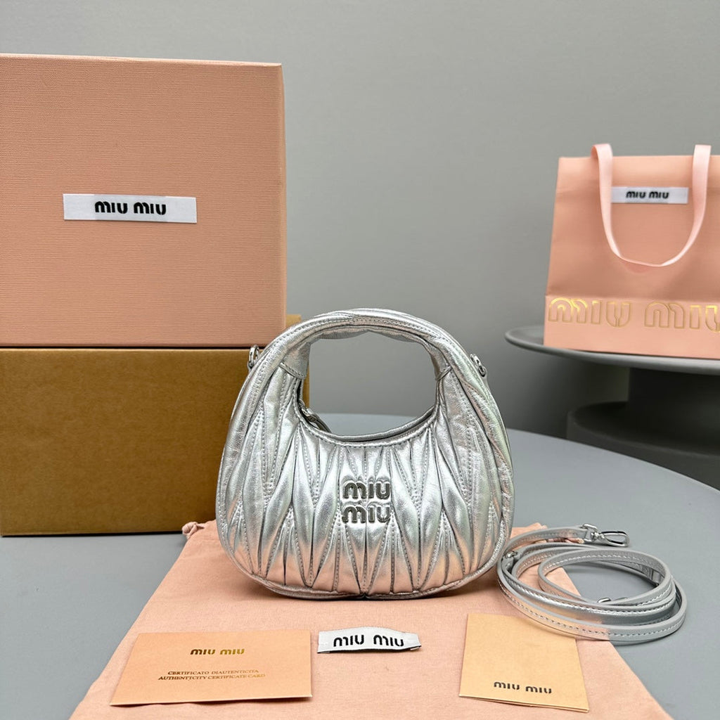 MIU MIU MINI HOBO 17 BAG IN SILVER SHEEPSKIN