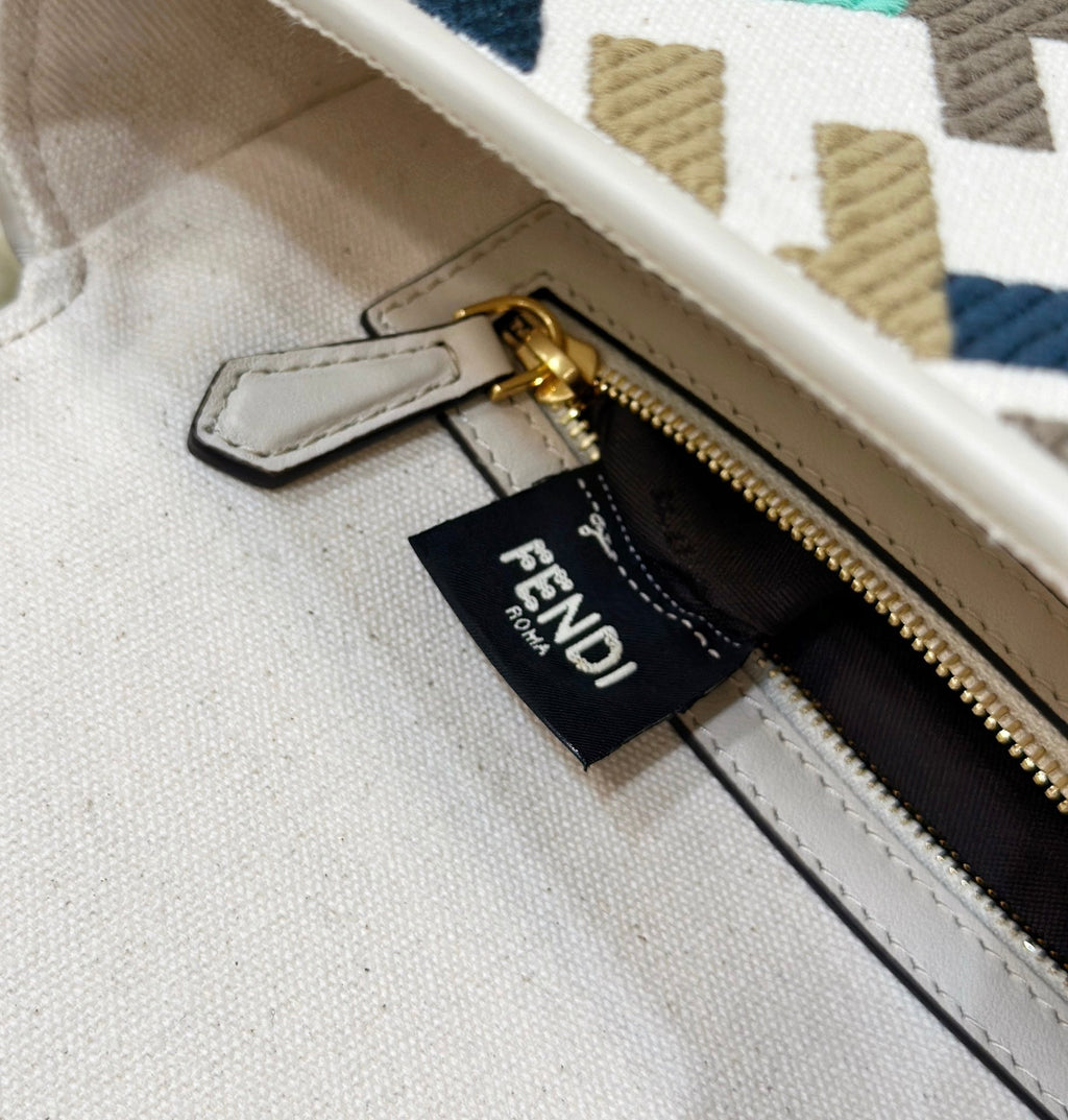 FENDI BAGUETTE CANVAS 27 BAG WHITE STRAP WITH MULTICOLOUR EMBROIDERY GOLD HARDWARE
