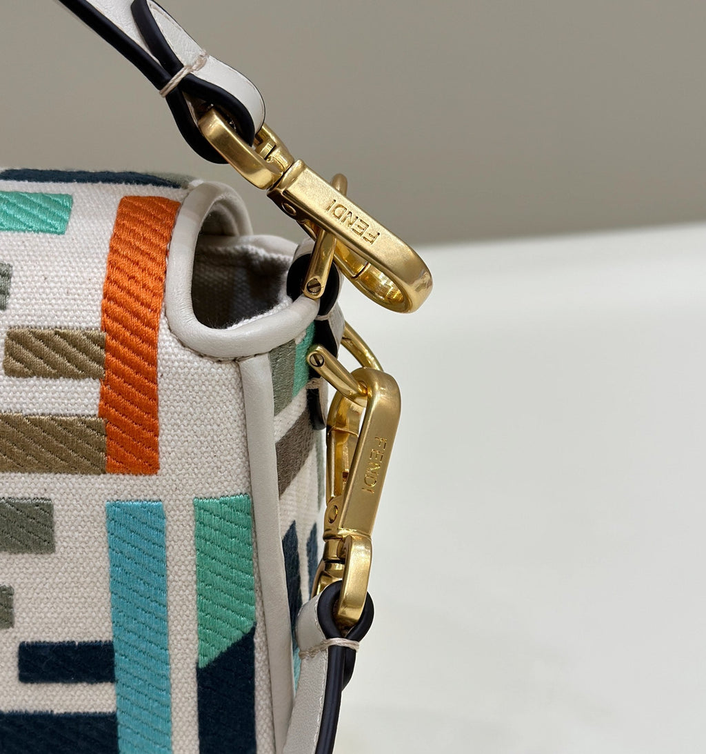 FENDI BAGUETTE CANVAS 27 BAG WHITE STRAP WITH MULTICOLOUR EMBROIDERY GOLD HARDWARE