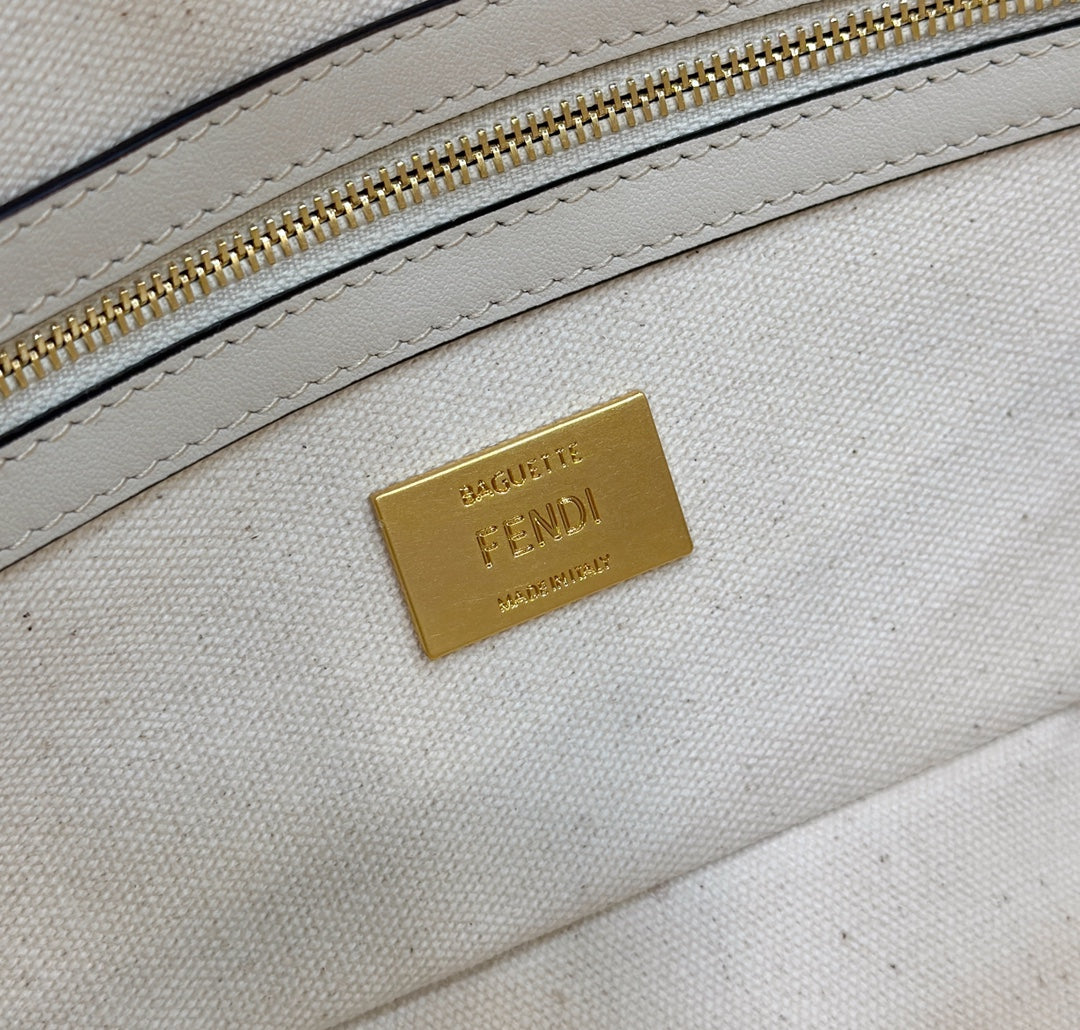 FENDI BAGUETTE CANVAS 27 BAG WHITE STRAP WITH MULTICOLOUR EMBROIDERY GOLD HARDWARE