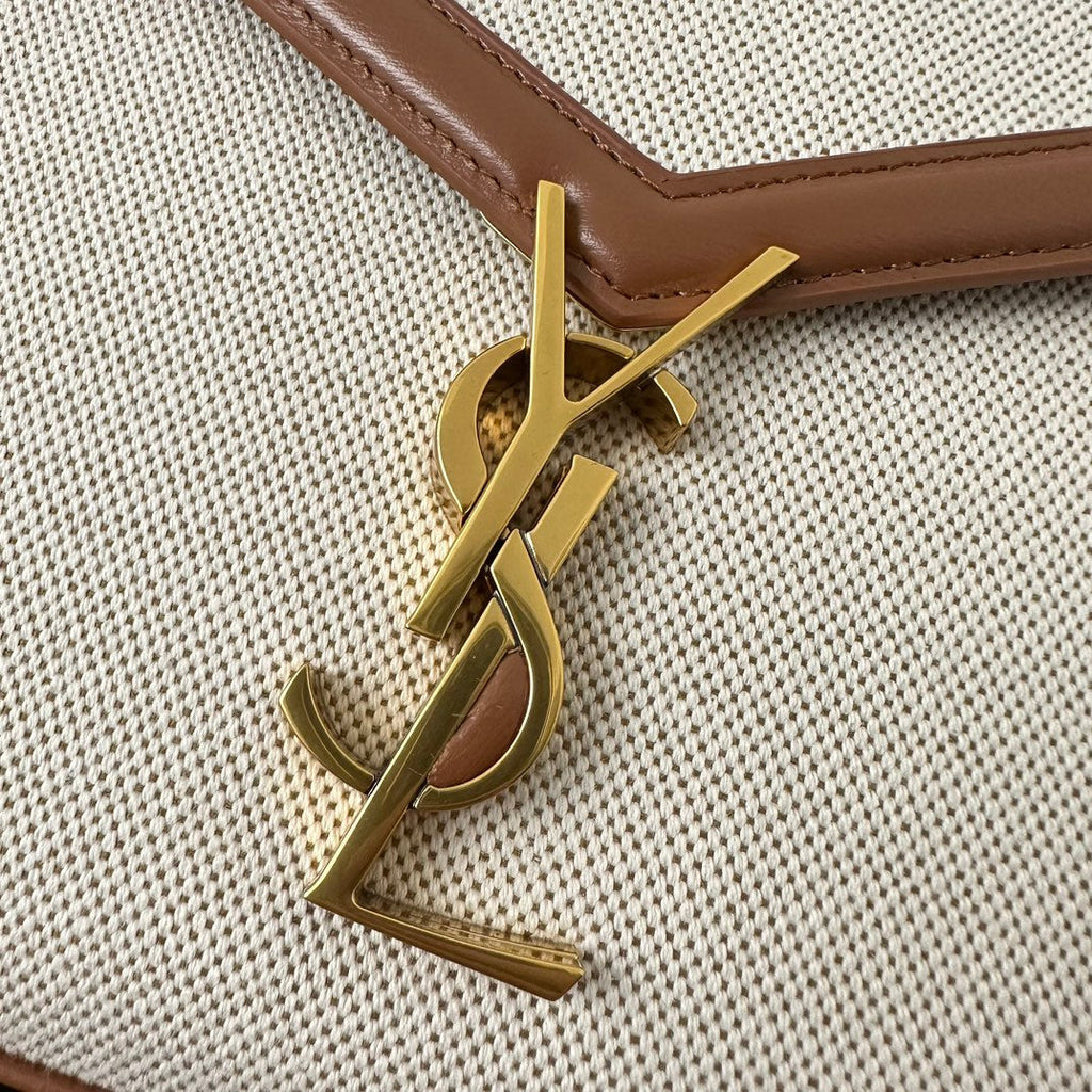 SAINT LAURENT CASSANDRA 20 WHITE COTTON LINEN AND BROWN CALFSKIN