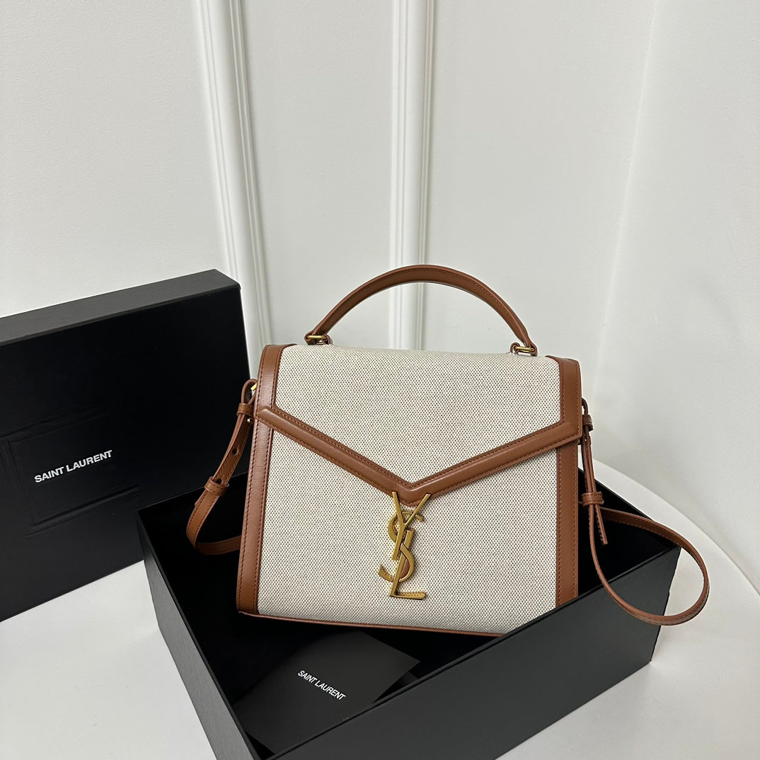 SAINT LAURENT CASSANDRA 20 WHITE COTTON LINEN AND BROWN CALFSKIN