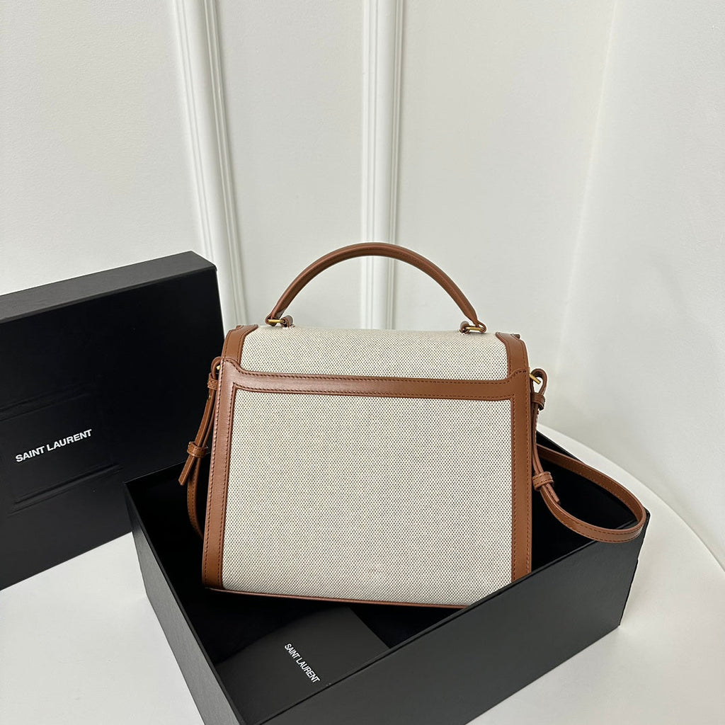 SAINT LAURENT CASSANDRA 20 WHITE COTTON LINEN AND BROWN CALFSKIN