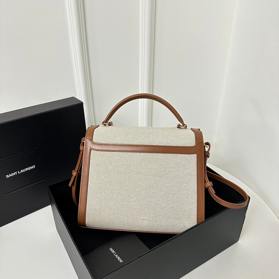 SAINT LAURENT CASSANDRA 20 WHITE COTTON LINEN AND BROWN CALFSKIN