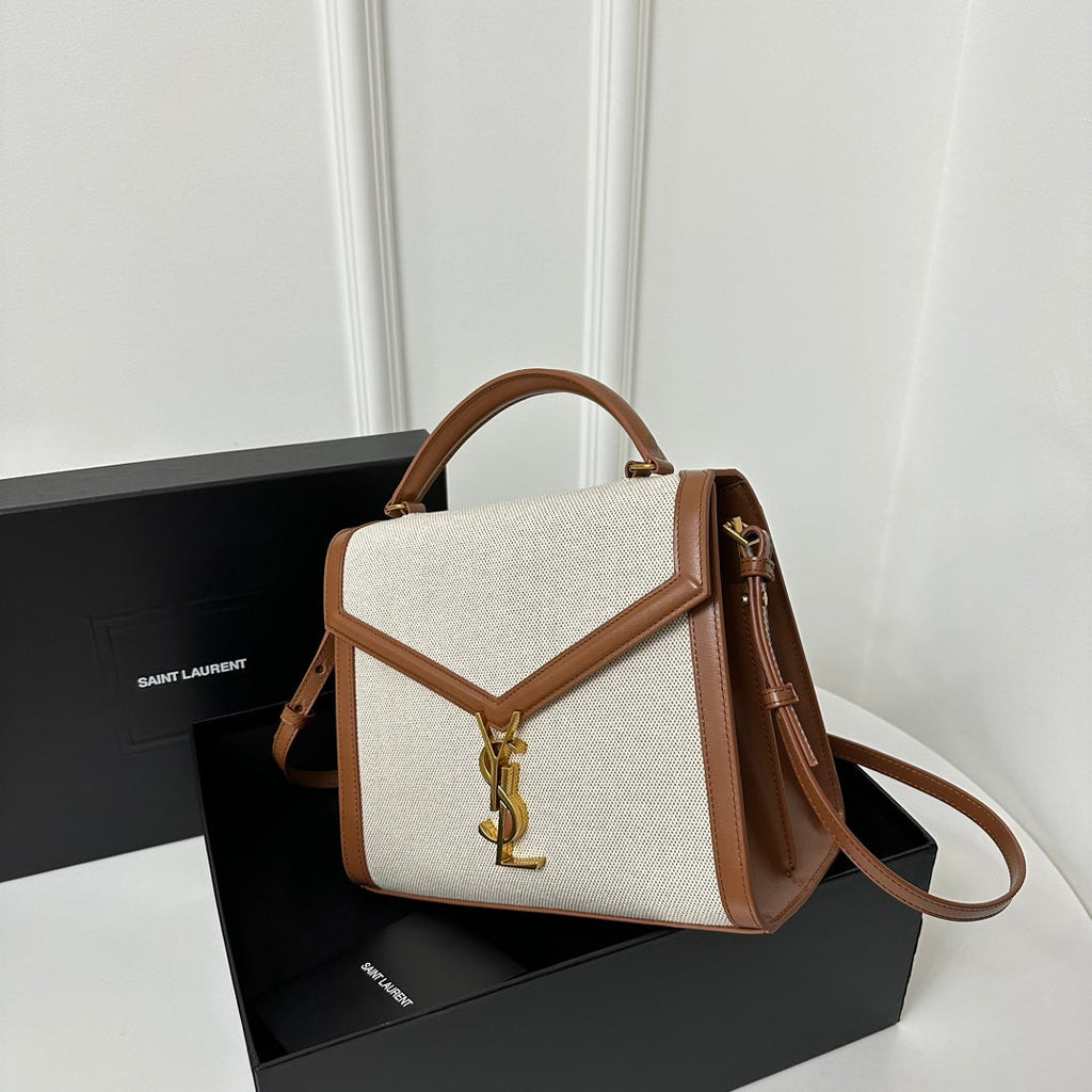 SAINT LAURENT CASSANDRA 20 WHITE COTTON LINEN AND BROWN CALFSKIN