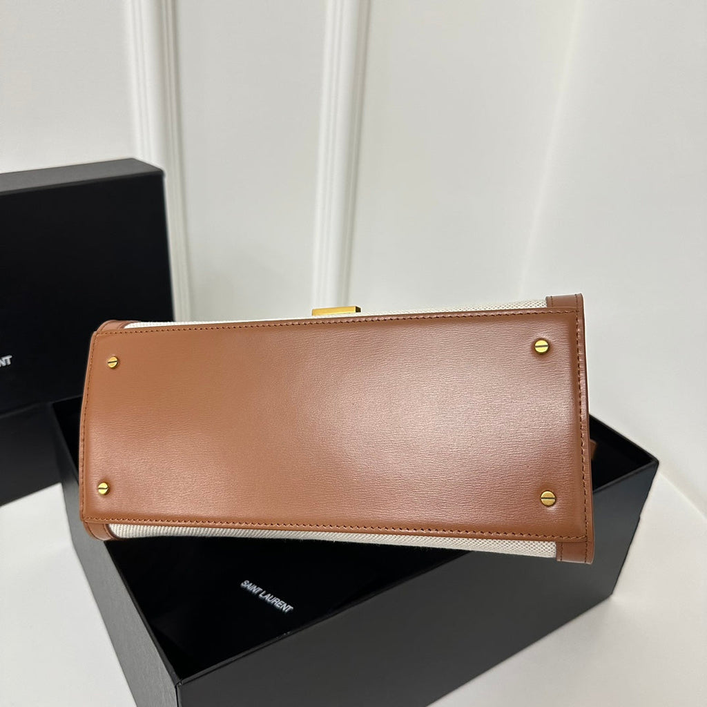 SAINT LAURENT CASSANDRA 20 WHITE COTTON LINEN AND BROWN CALFSKIN