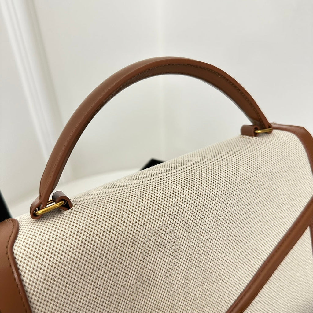 SAINT LAURENT CASSANDRA 20 WHITE COTTON LINEN AND BROWN CALFSKIN