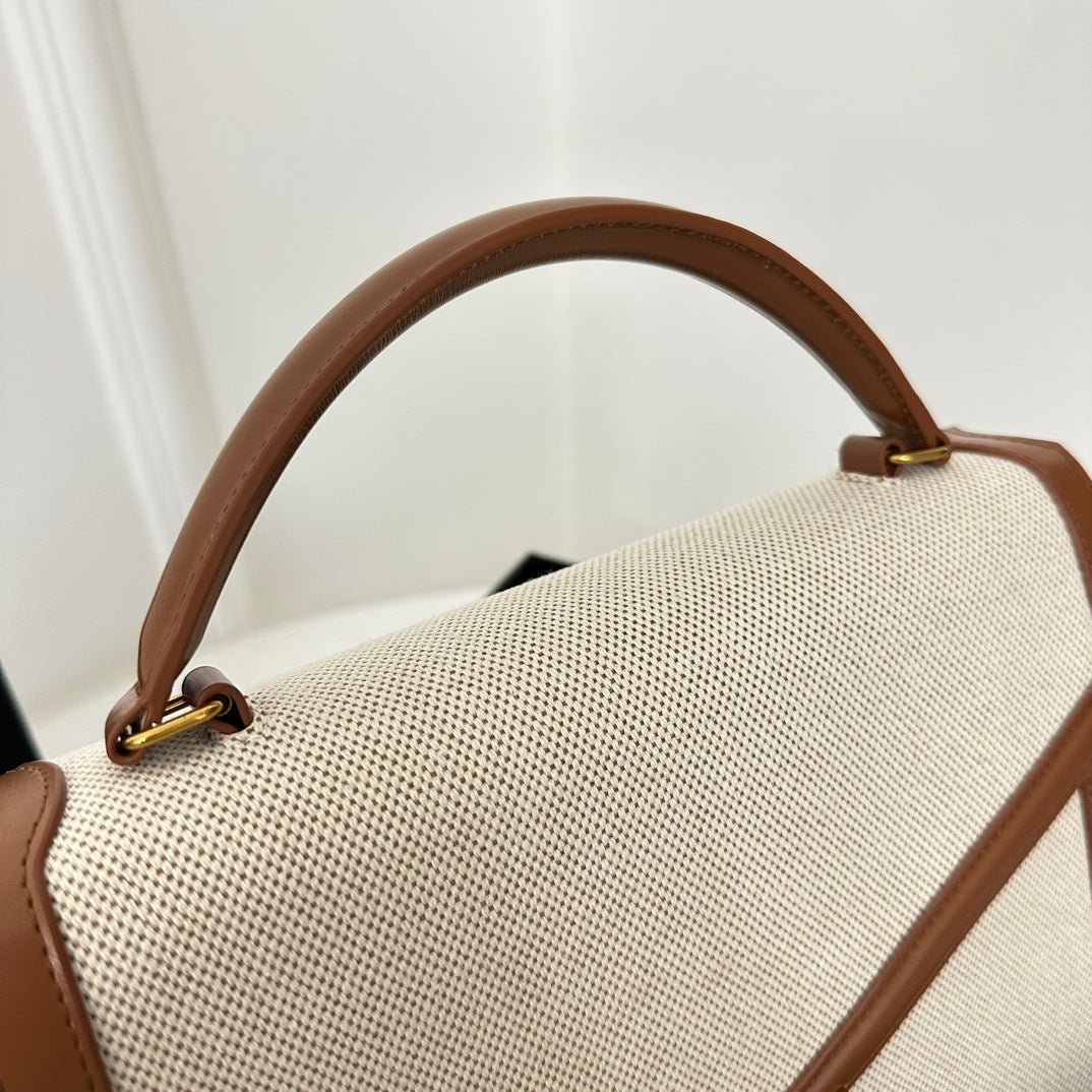 SAINT LAURENT CASSANDRA 20 WHITE COTTON LINEN AND BROWN CALFSKIN