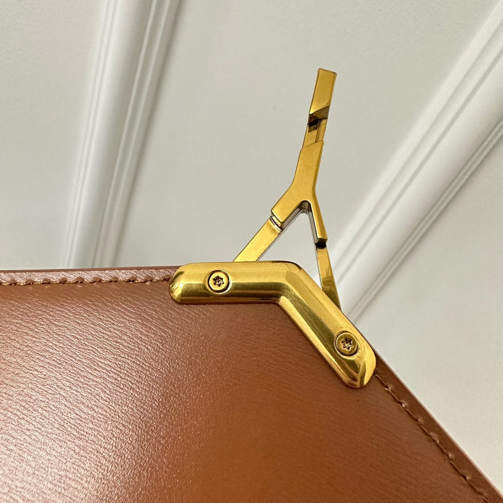 SAINT LAURENT CASSANDRA 20 WHITE COTTON LINEN AND BROWN CALFSKIN