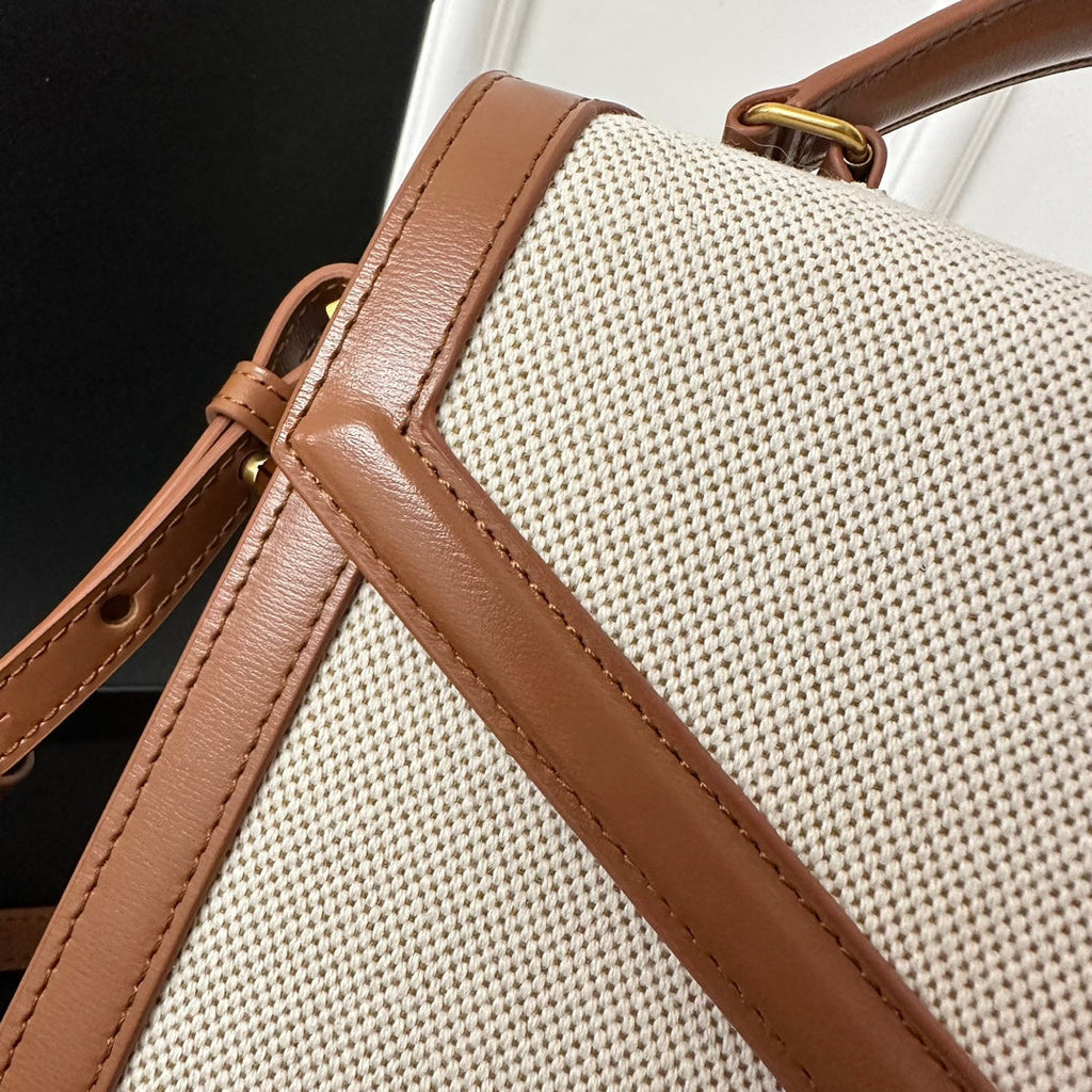 SAINT LAURENT CASSANDRA 20 WHITE COTTON LINEN AND BROWN CALFSKIN