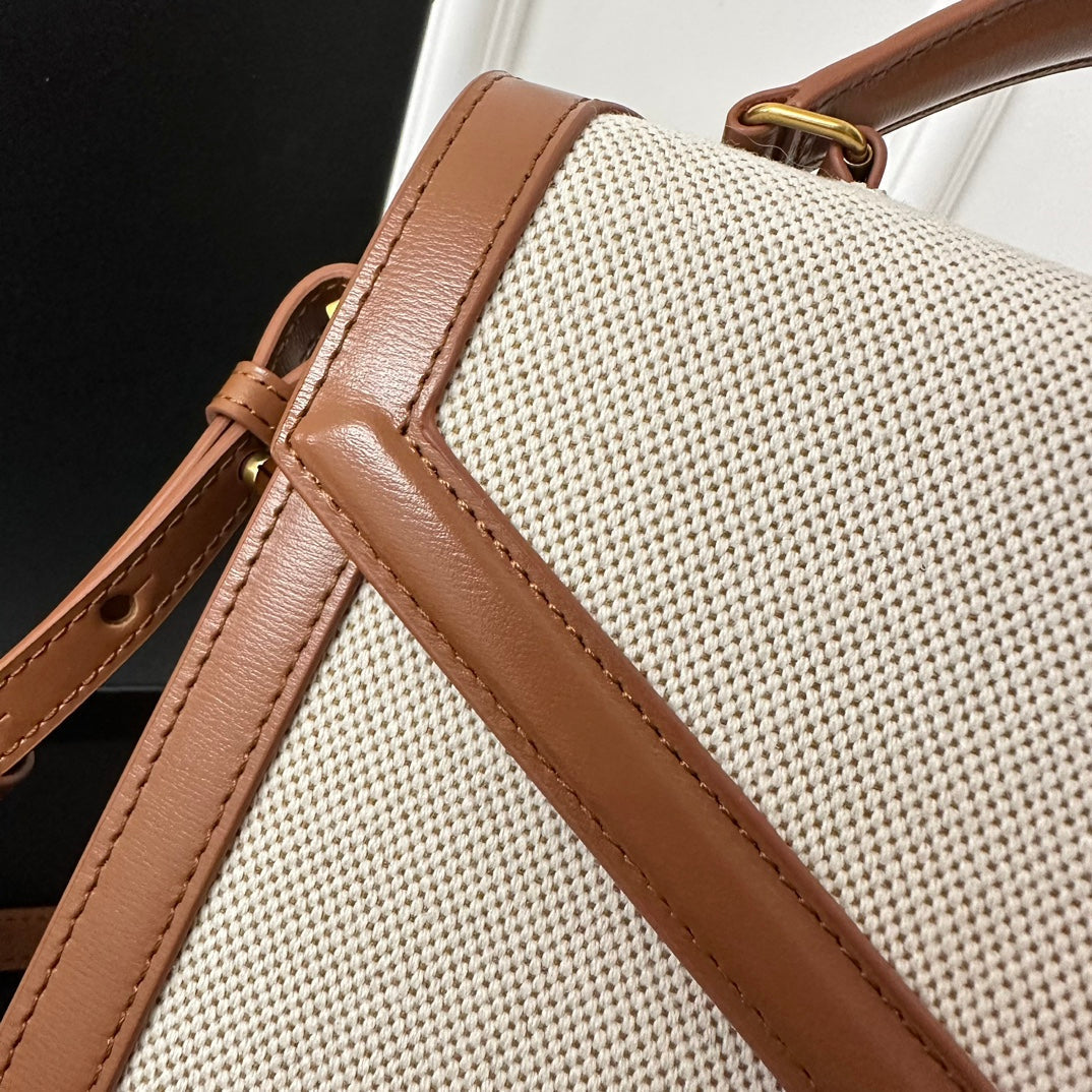 SAINT LAURENT CASSANDRA 20 WHITE COTTON LINEN AND BROWN CALFSKIN