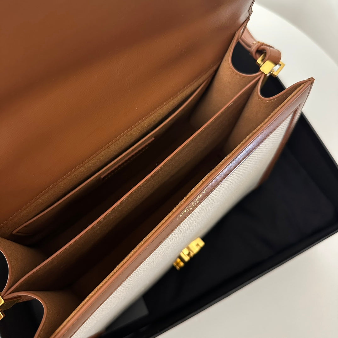 SAINT LAURENT CASSANDRA 20 WHITE COTTON LINEN AND BROWN CALFSKIN
