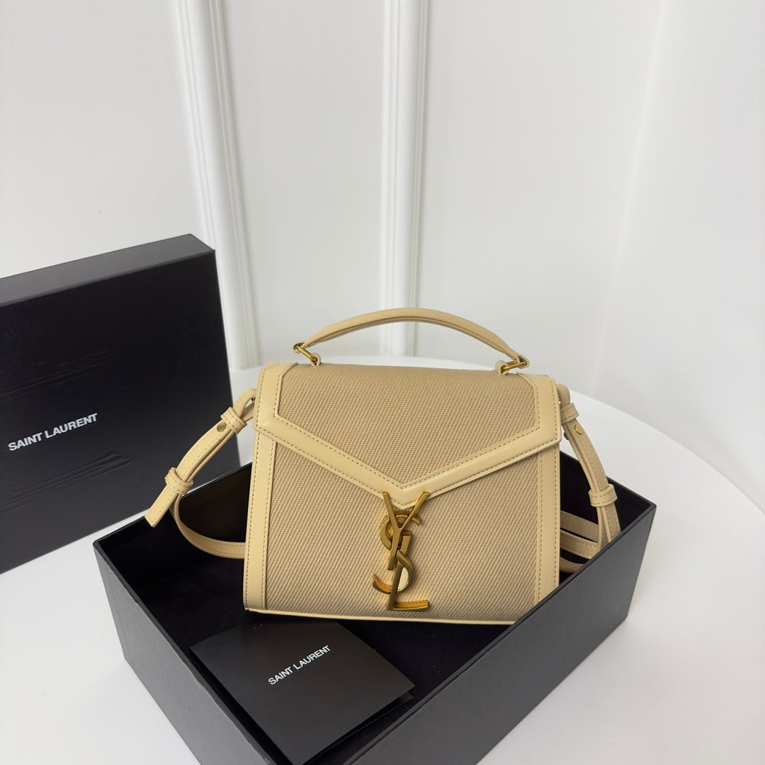 SAINT LAURENT CASSANDRA 20 BEICREAM COTTON LINEN AND CALFSKIN