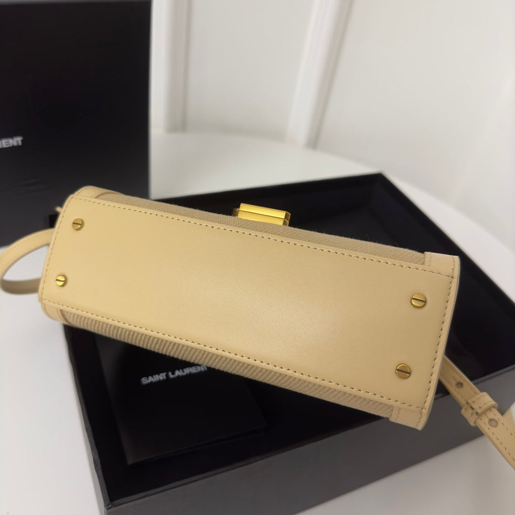SAINT LAURENT CASSANDRA 20 BEICREAM COTTON LINEN AND CALFSKIN