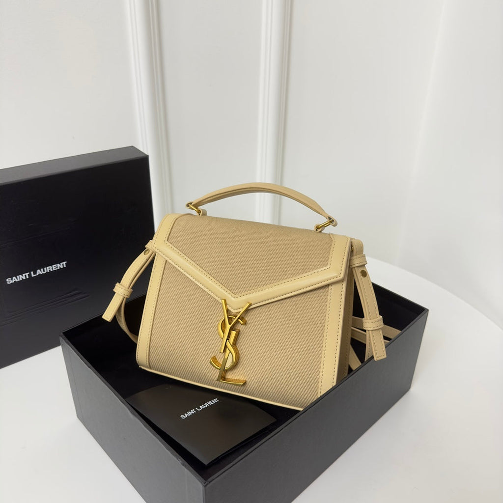 SAINT LAURENT CASSANDRA 20 BEICREAM COTTON LINEN AND CALFSKIN