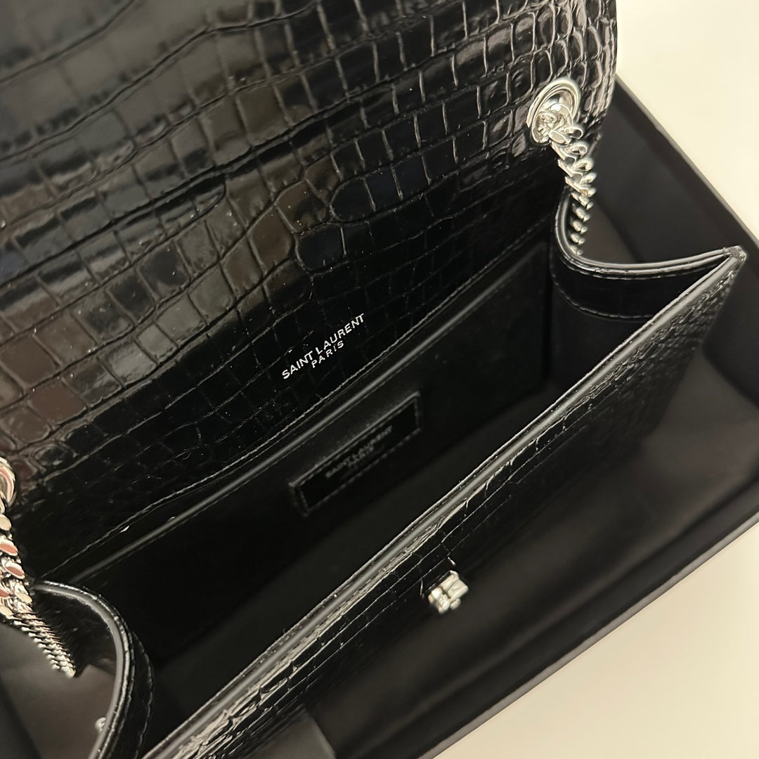 SAINT LAURENT KATE TASSEL 20 BLACK CROCODILE PATTERN CALFSKIN WITH SILVER LOGO