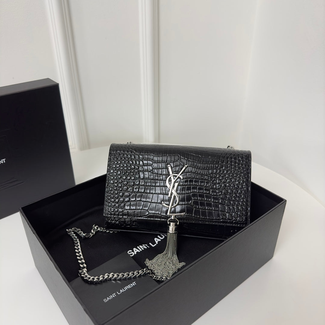 SAINT LAURENT KATE TASSEL 20 BLACK CROCODILE PATTERN CALFSKIN WITH SILVER LOGO