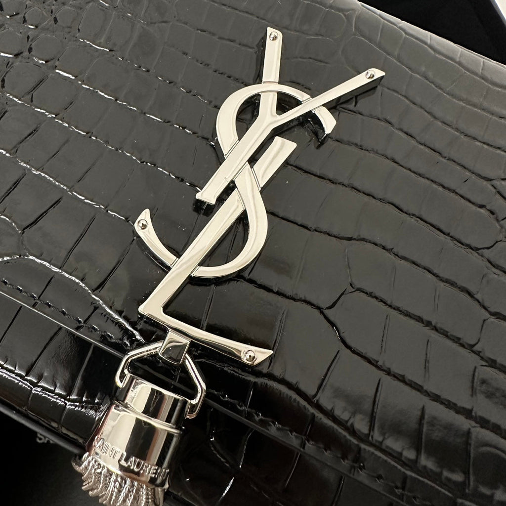 SAINT LAURENT KATE TASSEL 20 BLACK CROCODILE PATTERN CALFSKIN WITH SILVER LOGO