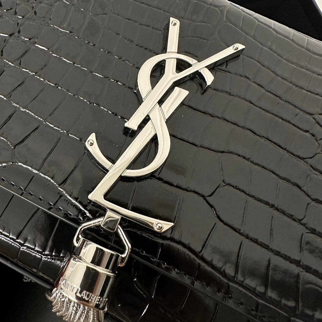 SAINT LAURENT KATE TASSEL 20 BLACK CROCODILE PATTERN CALFSKIN WITH SILVER LOGO