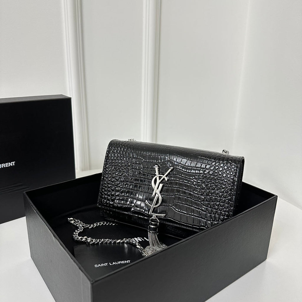 SAINT LAURENT KATE TASSEL 20 BLACK CROCODILE PATTERN CALFSKIN WITH SILVER LOGO