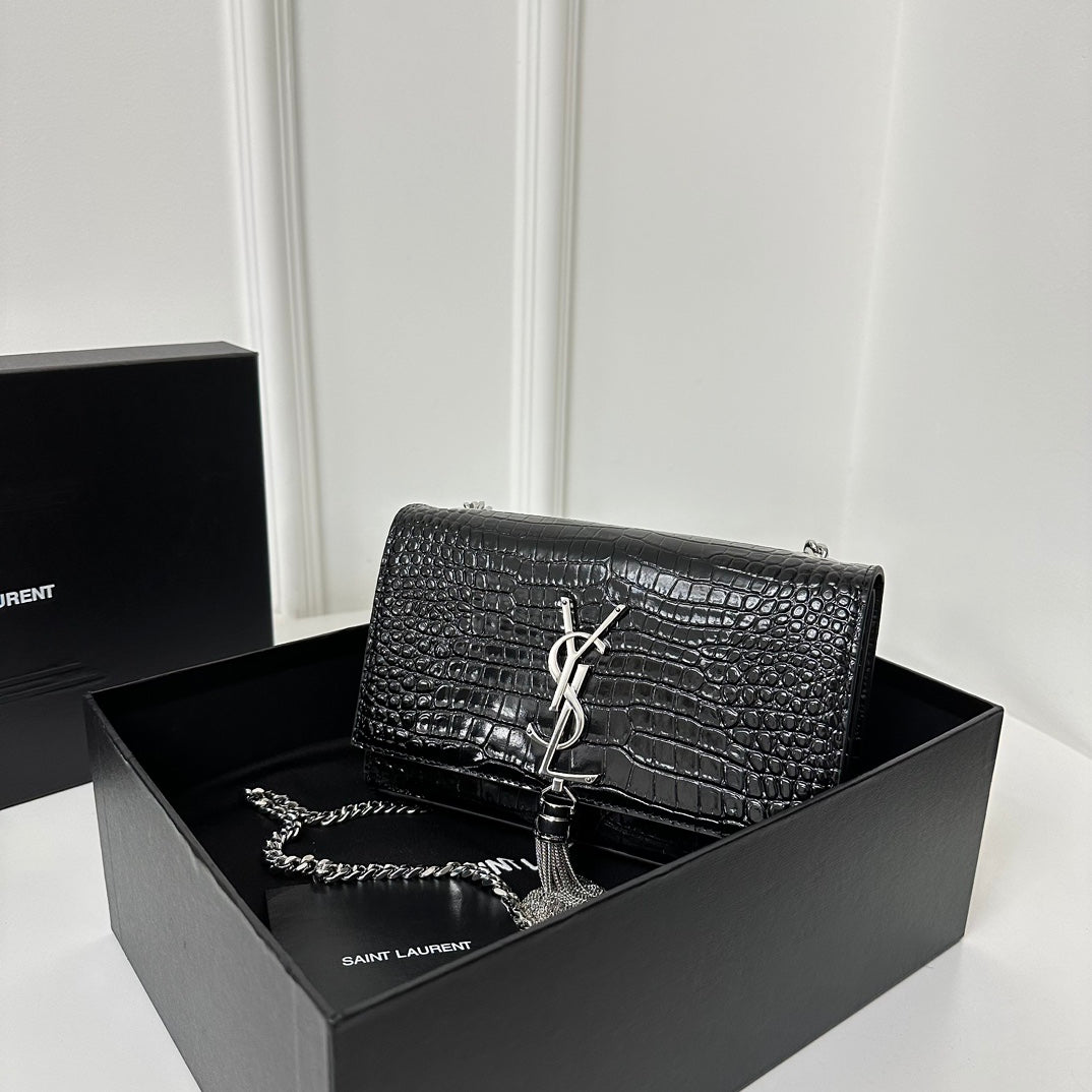 SAINT LAURENT KATE TASSEL 20 BLACK CROCODILE PATTERN CALFSKIN WITH SILVER LOGO