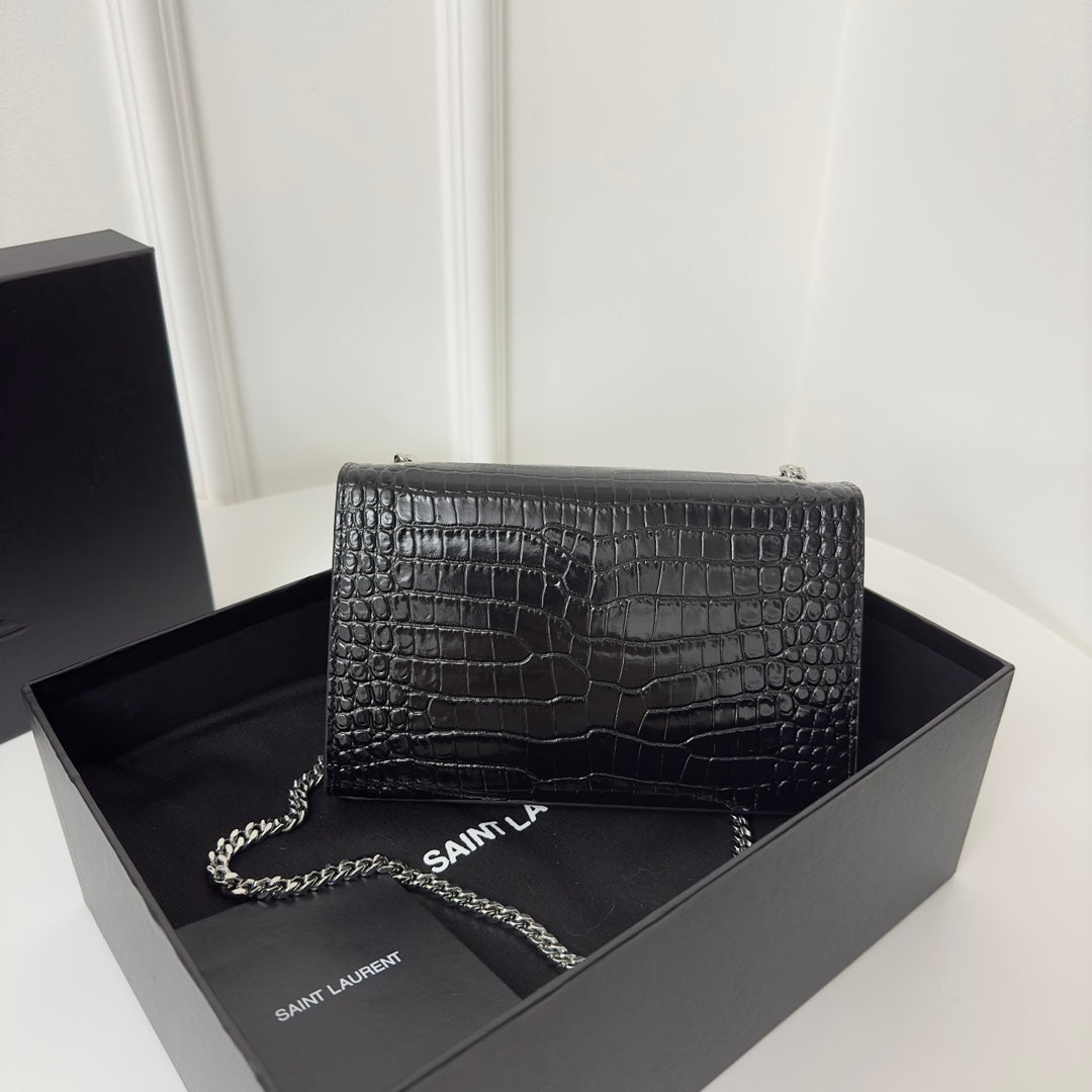 SAINT LAURENT KATE TASSEL 20 BLACK CROCODILE PATTERN CALFSKIN WITH SILVER LOGO