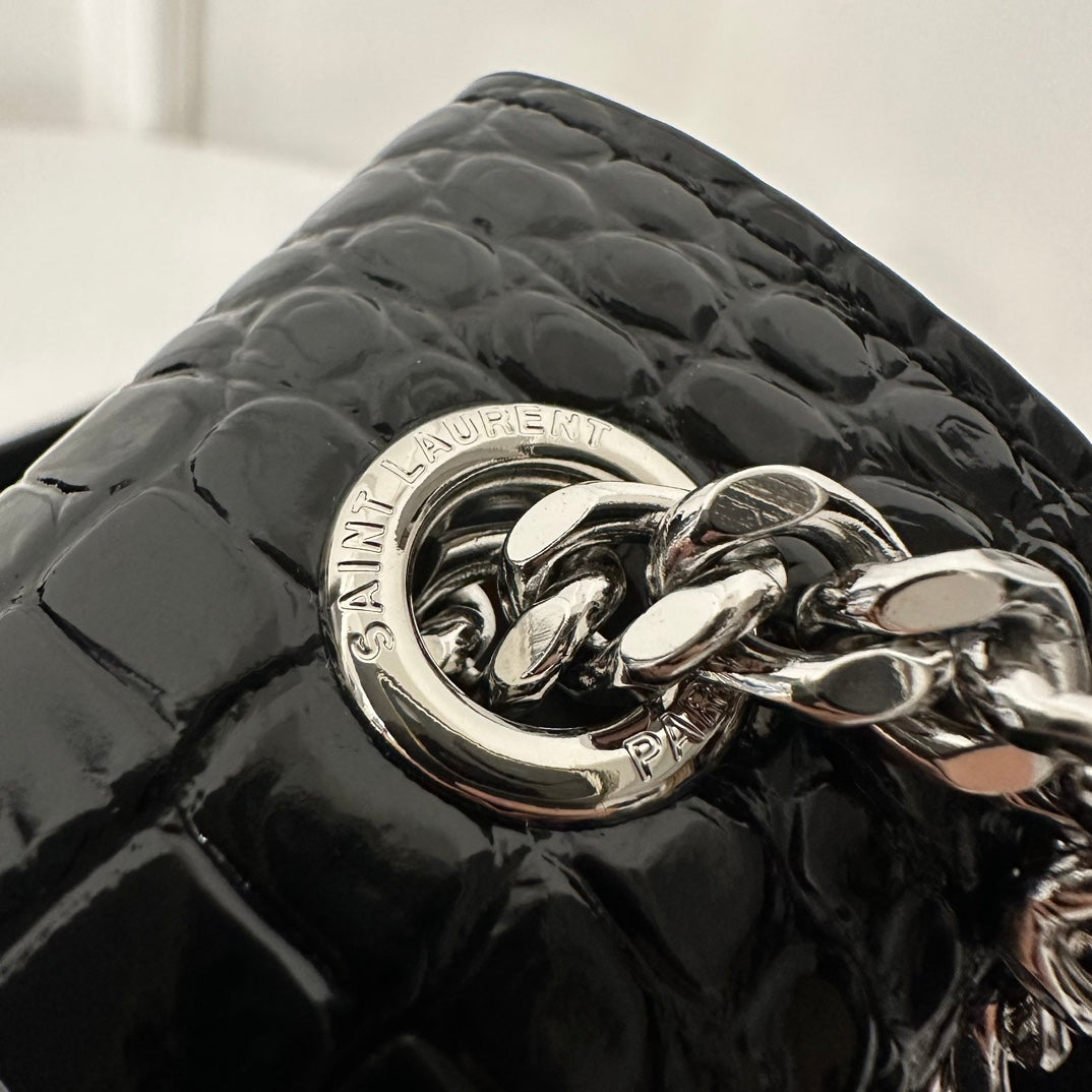 SAINT LAURENT KATE TASSEL 20 BLACK CROCODILE PATTERN CALFSKIN WITH SILVER LOGO