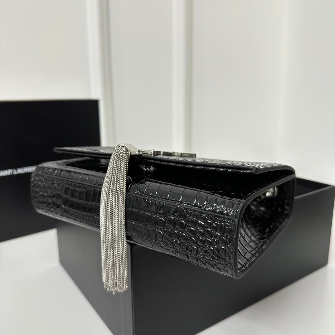 SAINT LAURENT KATE TASSEL 20 BLACK CROCODILE PATTERN CALFSKIN WITH SILVER LOGO
