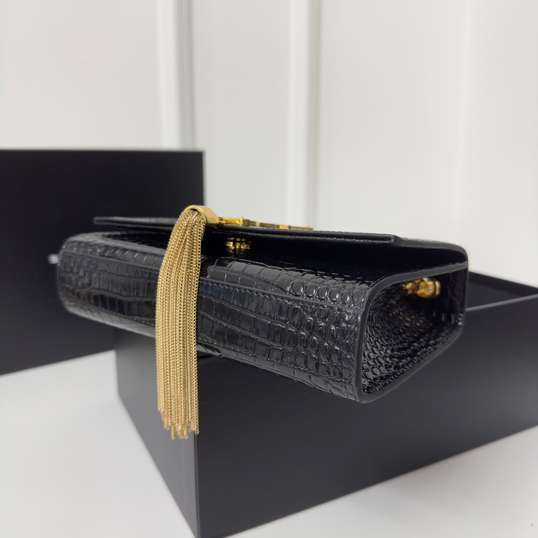 SAINT LAURENT KATE TASSEL 20 BLACK CROCODILE PATTERN CALFSKIN WITH GOLD LOGO