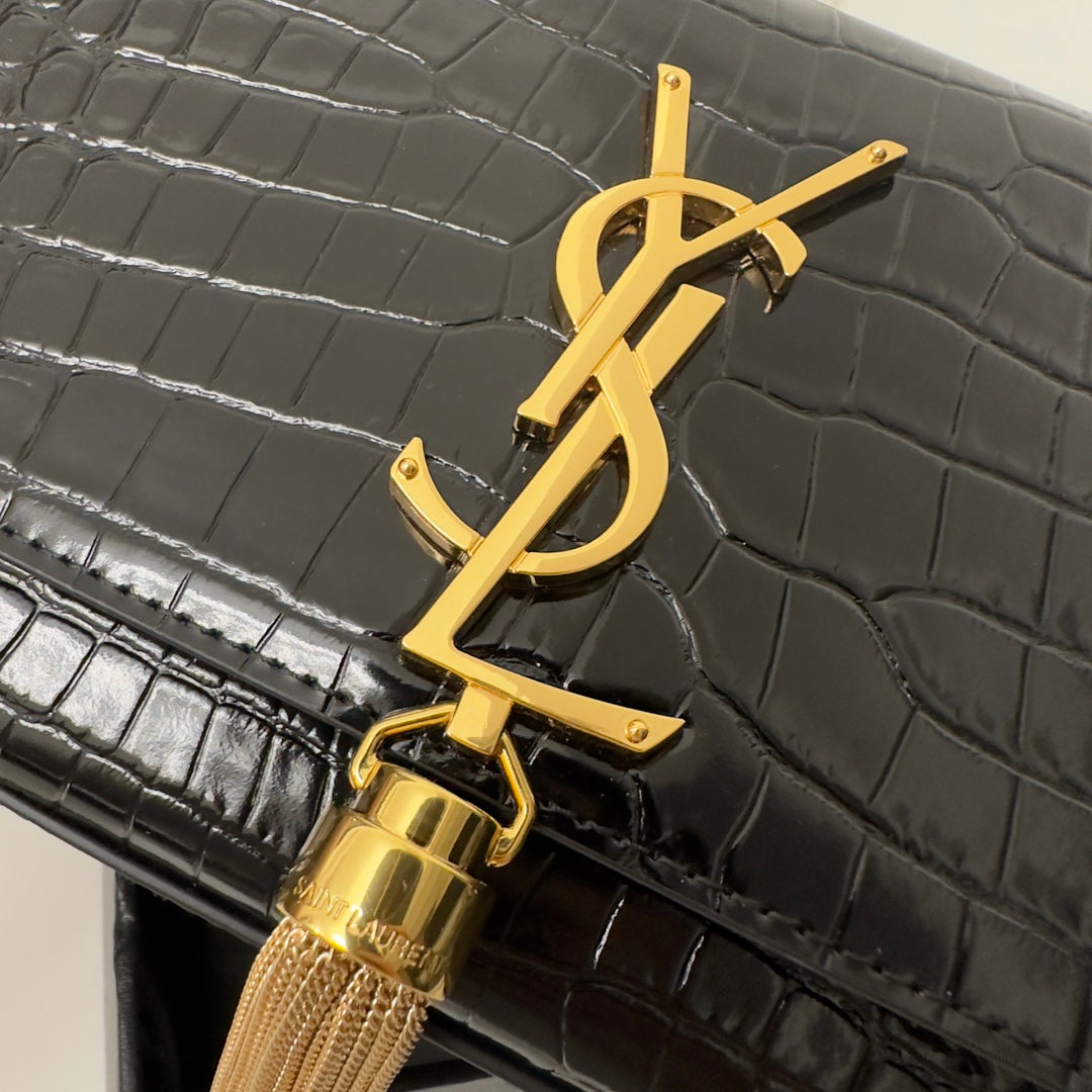 SAINT LAURENT KATE TASSEL 20 BLACK CROCODILE PATTERN CALFSKIN WITH GOLD LOGO