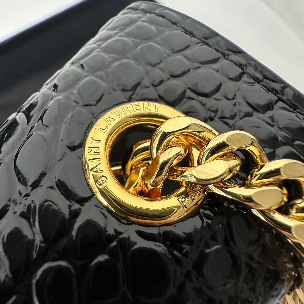 SAINT LAURENT KATE TASSEL 20 BLACK CROCODILE PATTERN CALFSKIN WITH GOLD LOGO