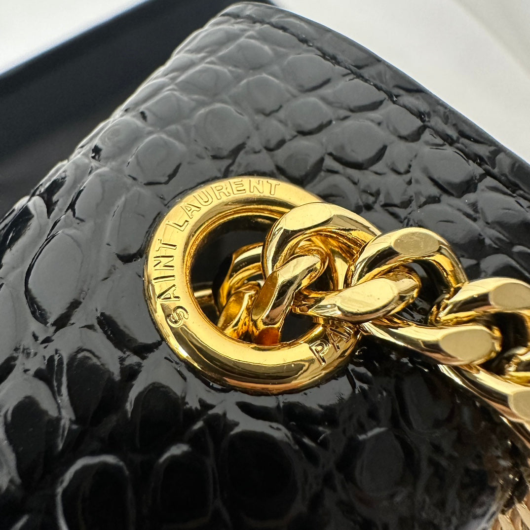 SAINT LAURENT KATE TASSEL 20 BLACK CROCODILE PATTERN CALFSKIN WITH GOLD LOGO