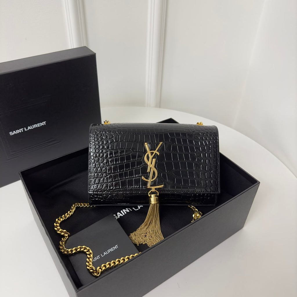 SAINT LAURENT KATE TASSEL 20 BLACK CROCODILE PATTERN CALFSKIN WITH GOLD LOGO