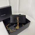 SAINT LAURENT KATE TASSEL 20 BLACK CROCODILE PATTERN CALFSKIN WITH GOLD LOGO