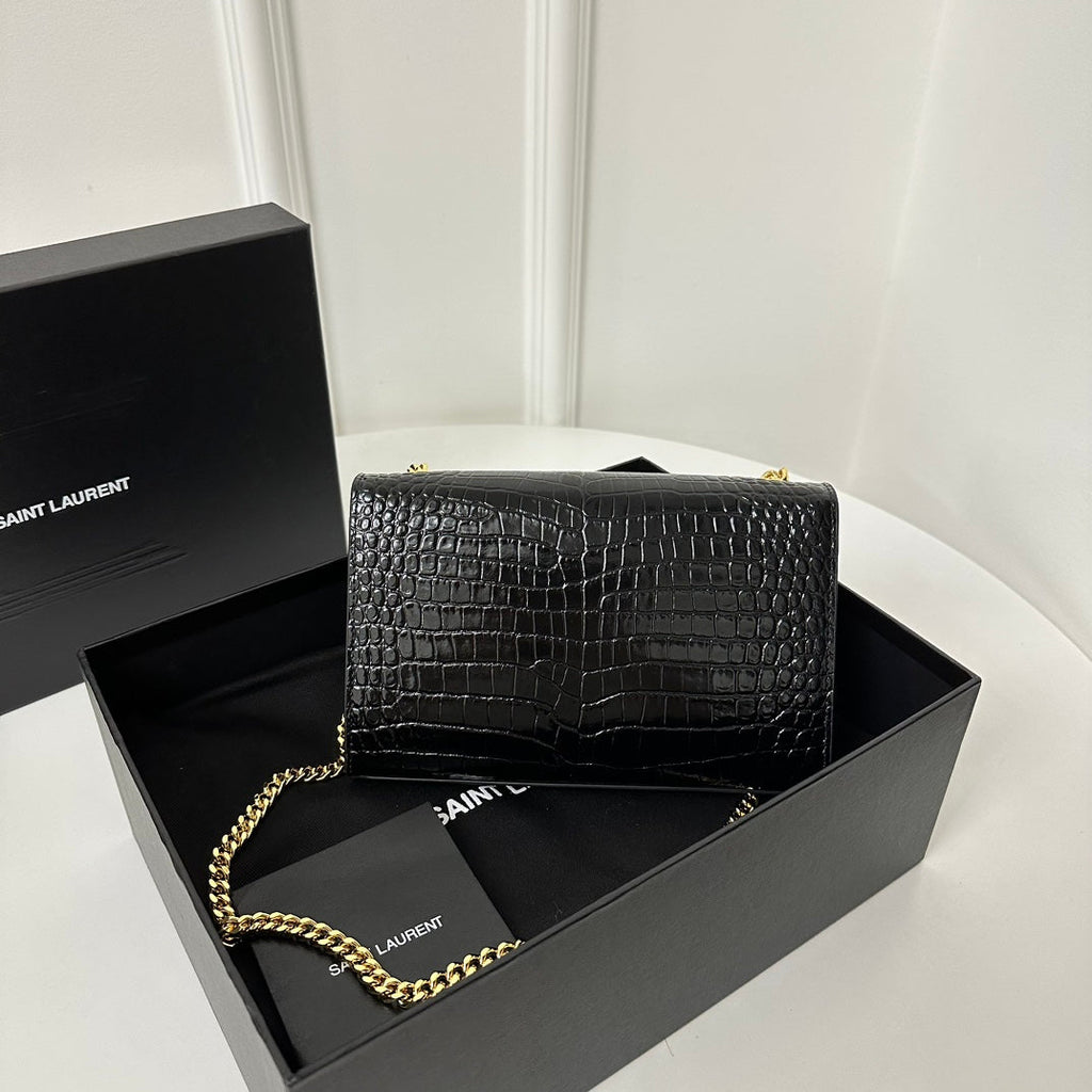 SAINT LAURENT KATE TASSEL 20 BLACK CROCODILE PATTERN CALFSKIN WITH GOLD LOGO