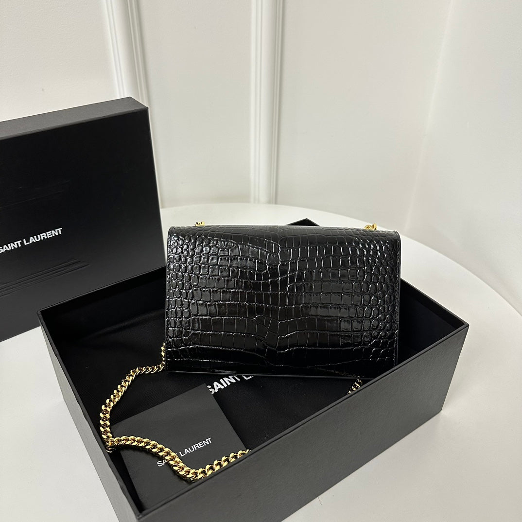 SAINT LAURENT KATE TASSEL 20 BLACK CROCODILE PATTERN CALFSKIN WITH GOLD LOGO