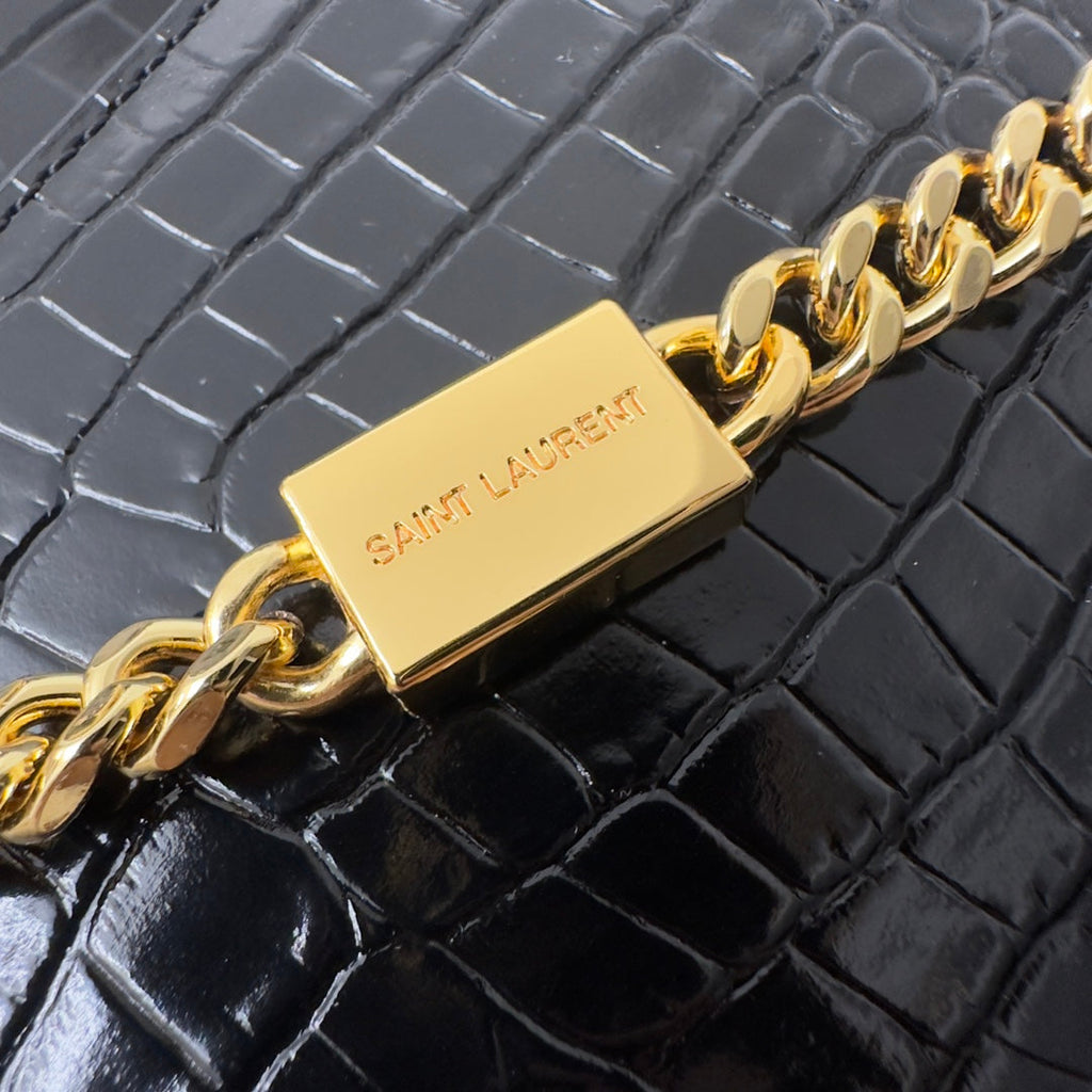 SAINT LAURENT KATE TASSEL 20 BLACK CROCODILE PATTERN CALFSKIN WITH GOLD LOGO
