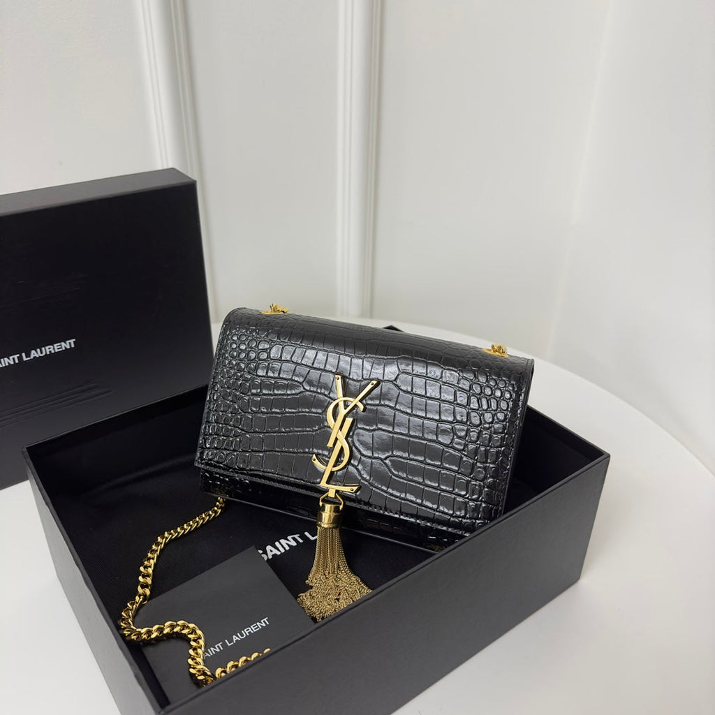 SAINT LAURENT KATE TASSEL 20 BLACK CROCODILE PATTERN CALFSKIN WITH GOLD LOGO
