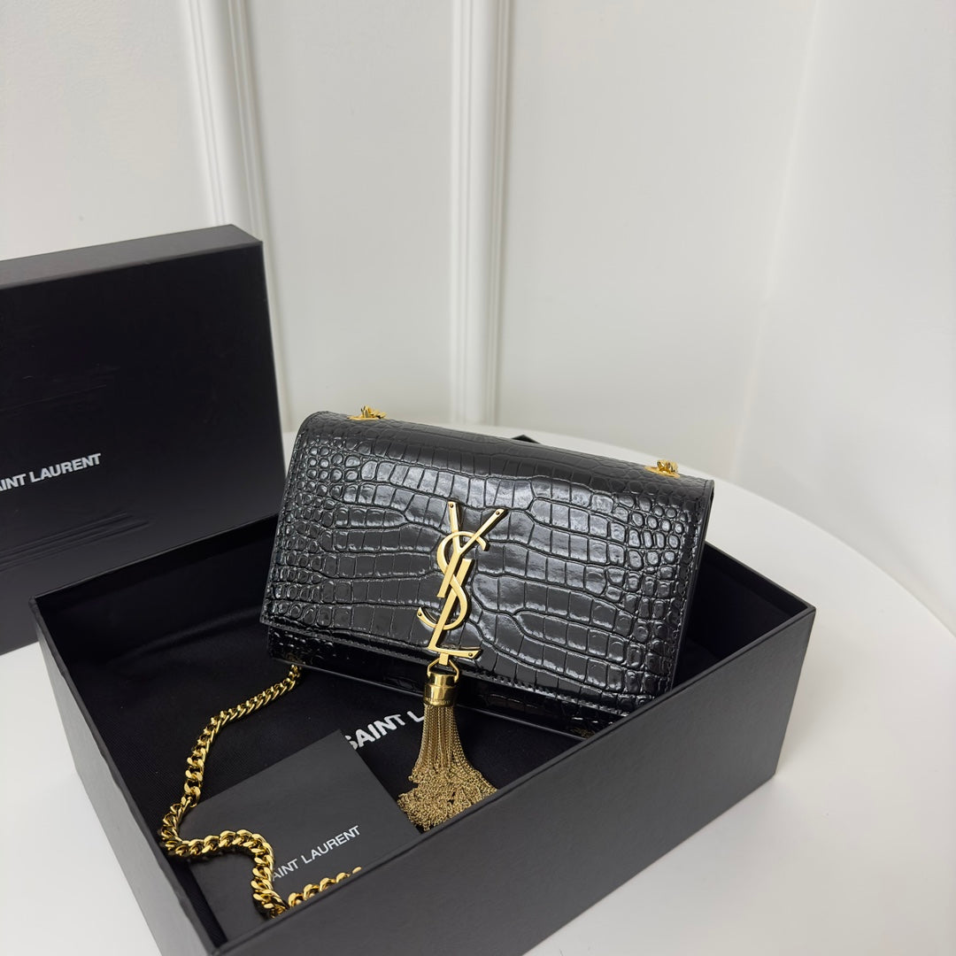 SAINT LAURENT KATE TASSEL 20 BLACK CROCODILE PATTERN CALFSKIN WITH GOLD LOGO