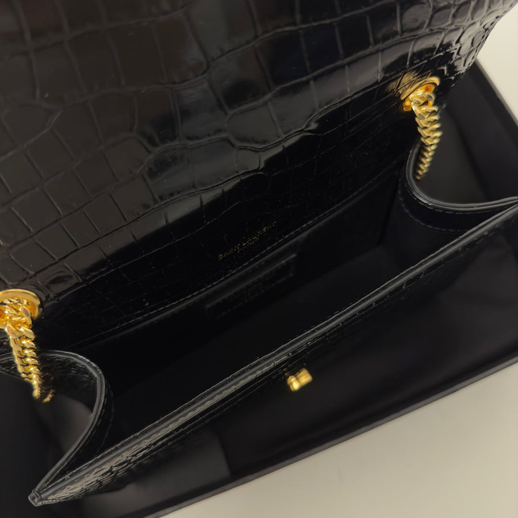 SAINT LAURENT KATE TASSEL 20 BLACK CROCODILE PATTERN CALFSKIN WITH GOLD LOGO