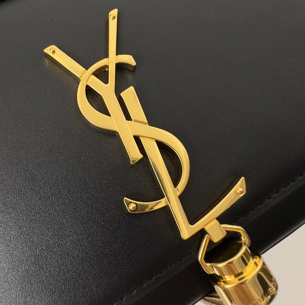 SAINT LAURENT KATE TASSEL 20 BLACK CALFSKIN WITH GOLD LOGO