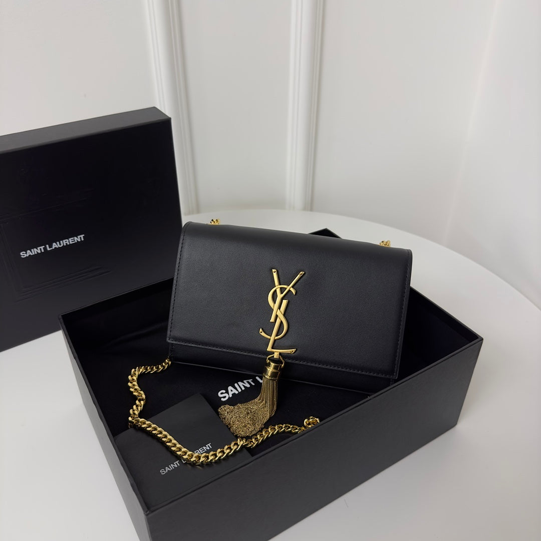 SAINT LAURENT KATE TASSEL 20 BLACK CALFSKIN WITH GOLD LOGO