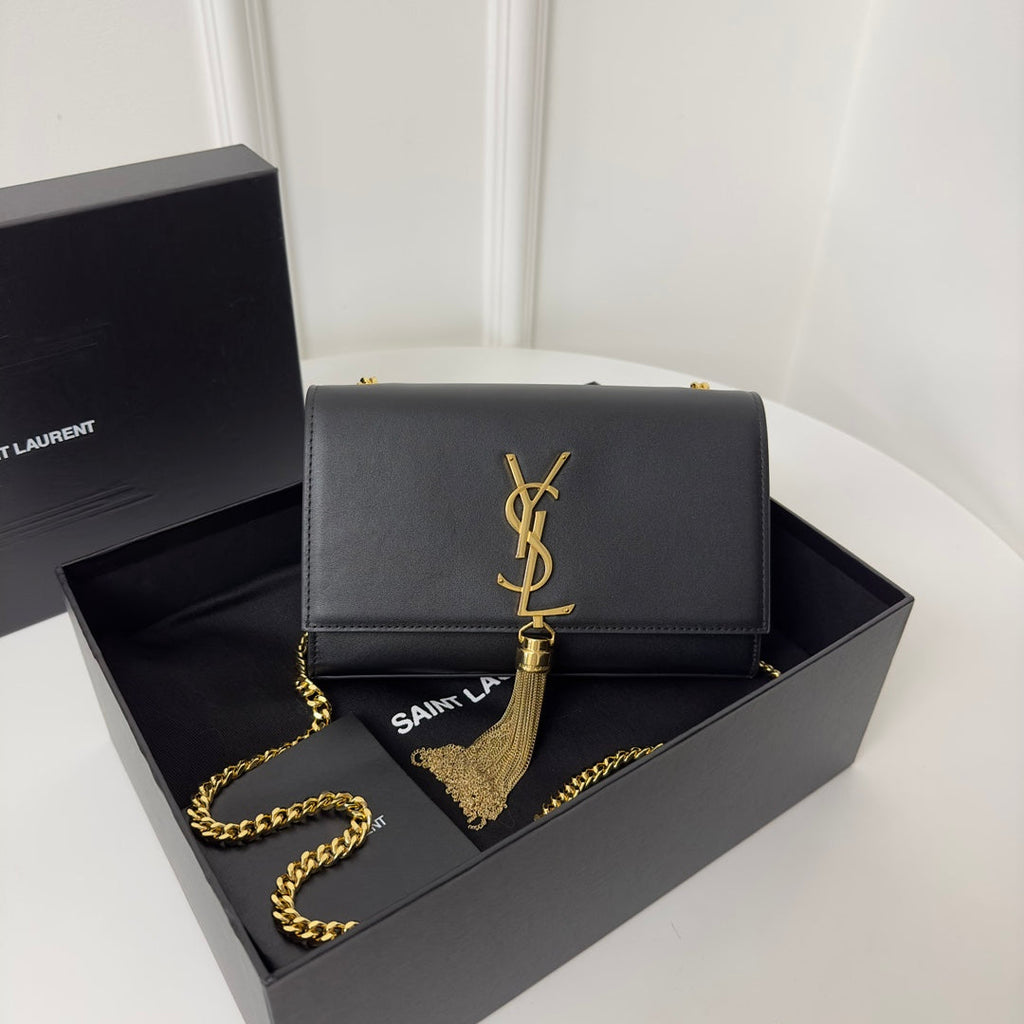 SAINT LAURENT KATE TASSEL 20 BLACK CALFSKIN WITH GOLD LOGO