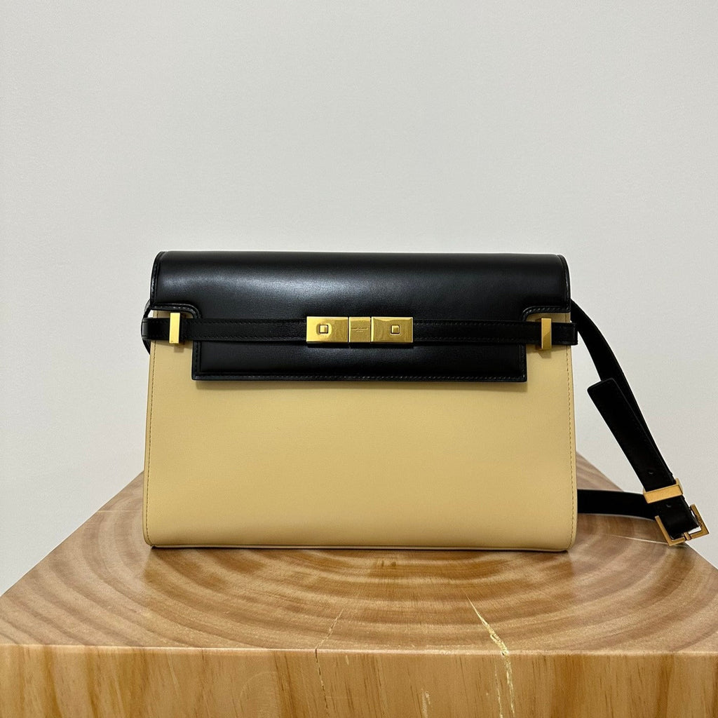 SAINT LAURENT MANHATTAN 29 TOP-HANDLE IN SMOOTH BLACK BEIGE CALFSKIN