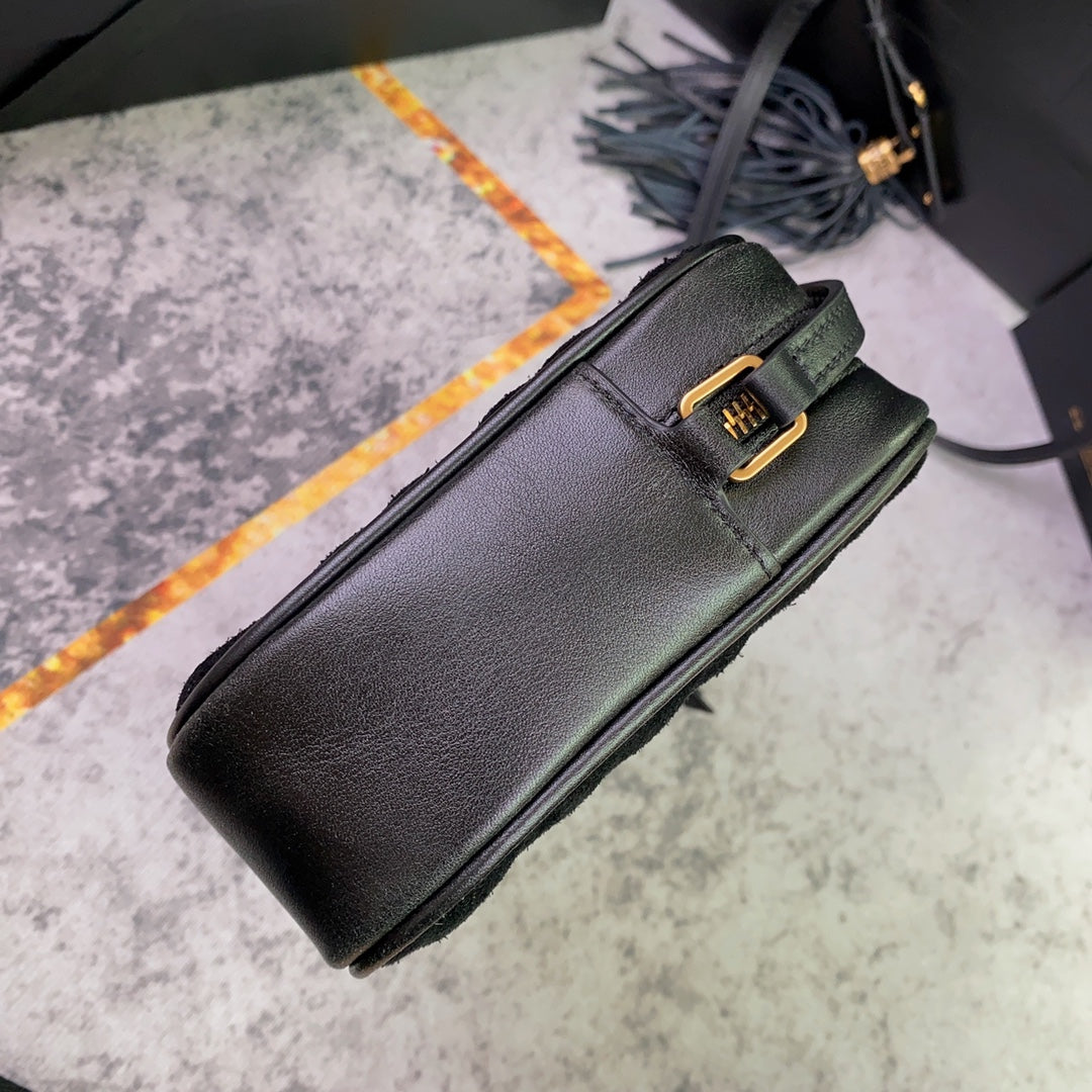 SAINT LAURENT LOU CAMERA BAG 23 IN BLACK SUEDE AND CALFSKIN TRIM