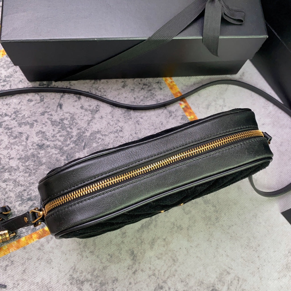 SAINT LAURENT LOU CAMERA BAG 23 IN BLACK SUEDE AND CALFSKIN TRIM